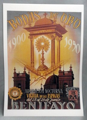 REPRODUCCION CARTEL BODAS DE ORO 1900-1950 ADORACION NOCTURNA VIGILIA DE LAS ESPIGAS. 29,5X39,7cm. LAMINARELIGION-003
