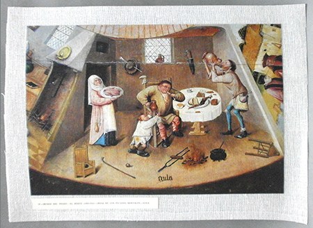 REPRODUCCION LAMINA ARTE, TEXTURIZADO SOBRE LINO. 33 X 25cm. EL BOSCO: MESA DE LOS PECADOS MORTALES, GULA.