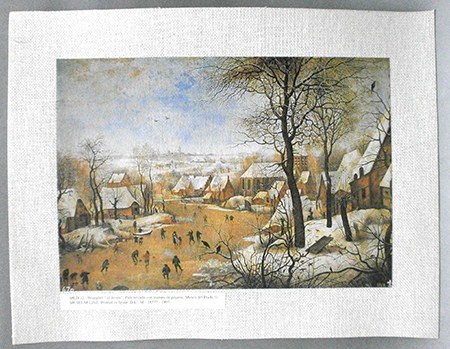 REPRODUCCION LAMINA ARTE, TEXTURIZADO SOBRE LINO. 33 X 25cm. BRUEGHEL EL JOVEN, PAIS NEVADO CON TRAMPA DE PAJAROS.