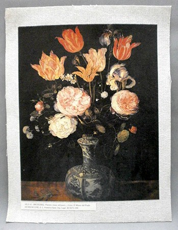 REPRODUCCION LAMINA ARTE, TEXTURIZADO SOBRE LINO. 33 X 25cm. BRUEGHEL FLORERO.