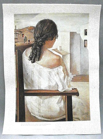 REPRODUCCION LAMINA ARTE, TEXTURIZADO SOBRE LINO. 33 X 25cm. DALI, MUCHACHA DE ESPALDA.