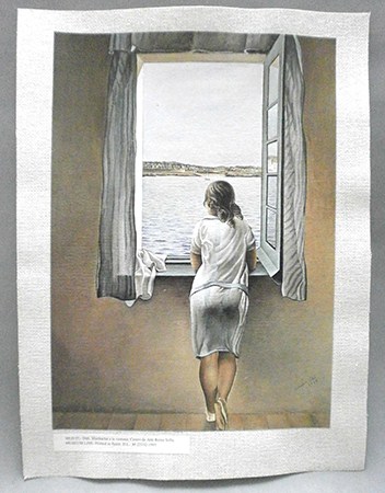 REPRODUCCION LAMINA ARTE, TEXTURIZADO SOBRE LINO. 33 X 25cm. DALI, MUCHACHA A LA VENTANA.