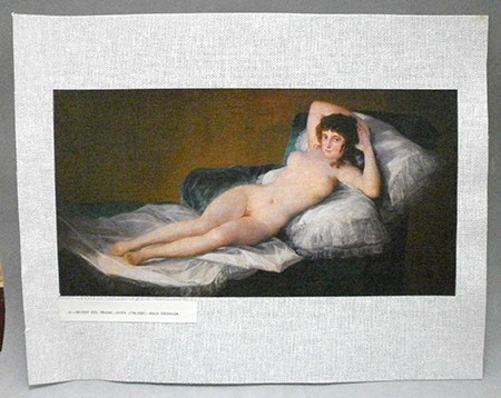 REPRODUCCION LAMINA ARTE, TEXTURIZADO SOBRE LINO. 33 X 25cm. GOYA, MAJA DESNUDA.