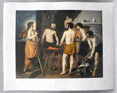 REPRODUCCION LAMINA ARTE, TEXTURIZADO SOBRE LINO. 33 X 25cm. VELAZQUEZ, LA FRAGUA DE VULCANO.