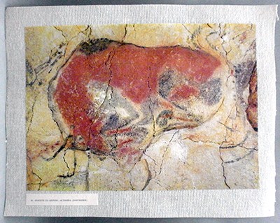 REPRODUCCION LAMINA ARTE, TEXTURIZADO SOBRE LINO 33X25cm. BISONTE EN REPOSO - ALTAMIRA.
