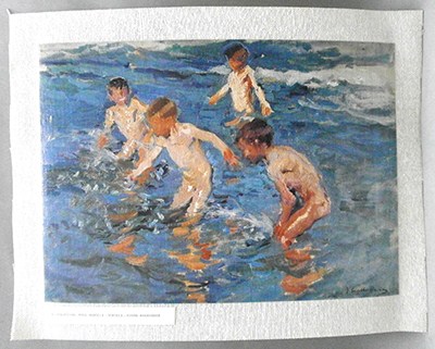 REPRODUCCION LAMINA ARTE, TEXTURIZADO SOBRE LINO 33X25cm. COL. PONS SOROLLA - NIÑOS BAÑANDOSE.