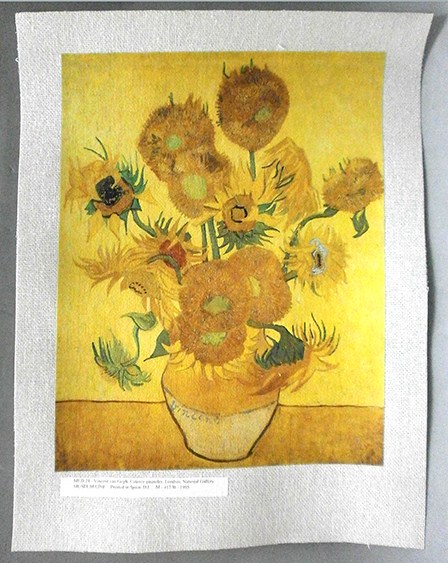 REPRODUCCION LAMINA ARTE, TEXTURIZADO SOBRE LINO 33X25cm.VAN GOGH, 14 GIRASOLES.