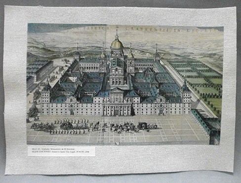 REPRODUCCION LAMINA ARTE, TEXTURIZADO SOBRE LINO 33X25cm. GRABADO: MONASTERIO DE EL ESCORIAL.