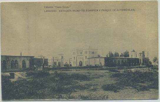 POSTAL DE MARRUECOS. LARACHE. ESTACION RADIO-TELEGRAFICA Y PARQUE AUTOMOVILES