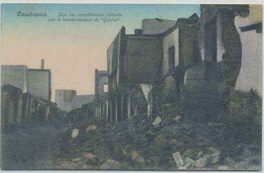 POSTAL DE MARRUECOS. CASABLANCA. RUE DETRUITE PAR LE BOMBARDEMENT DI GALILEE
