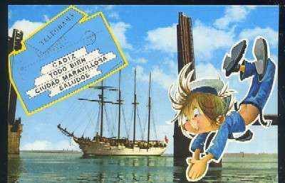 POSTAL DE CADIZ Nº 102 EL JUAN SEBASTIAN ELCANO CRUZANDO EL PUENTE SOBRE LA BAHIA
