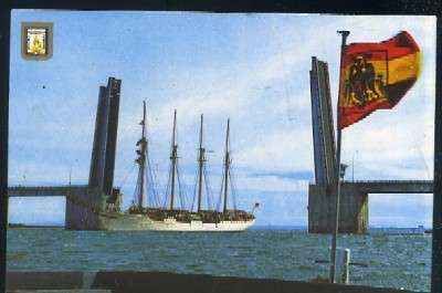 POSTAL DE CADIZ Nº 1243 PUENTE DE JOSE LEON DE CARRANZA Y BUQUE ESCUELA J.S.ELCANO