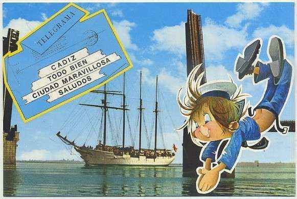POSTAL DE CADIZ. JUAN SEBASTIAN ELCANO CRUZANDO EL PUENTE SOBRE LA BAHIA Nº 102