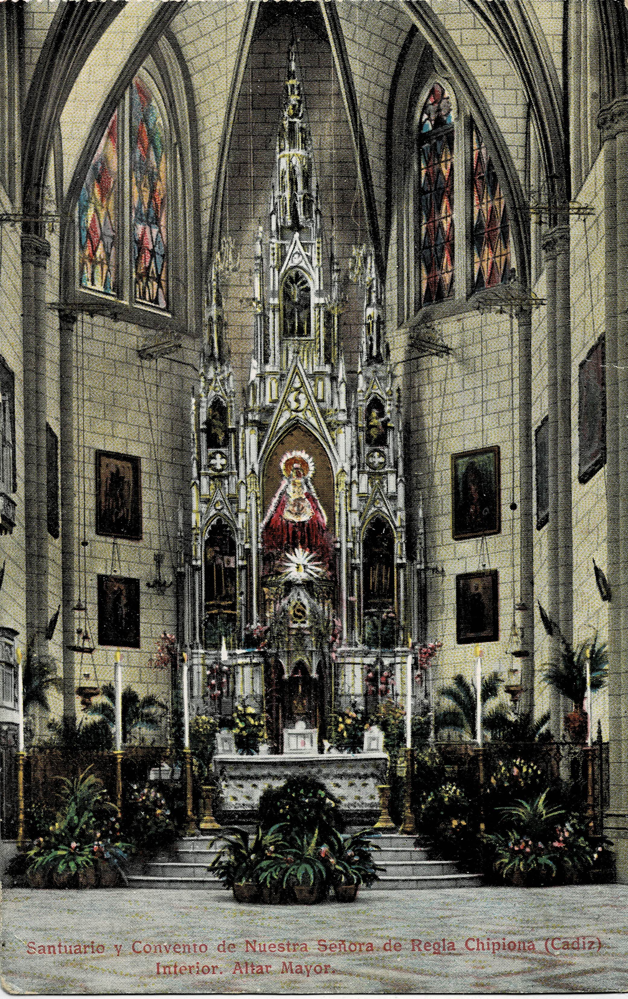 POSTAL ANTIGUA DE CHIPIONA. SANTUARIO Y CONVENTO DE NUESTRA SEÑORA DE REGLA. ALTAR MAYOR.