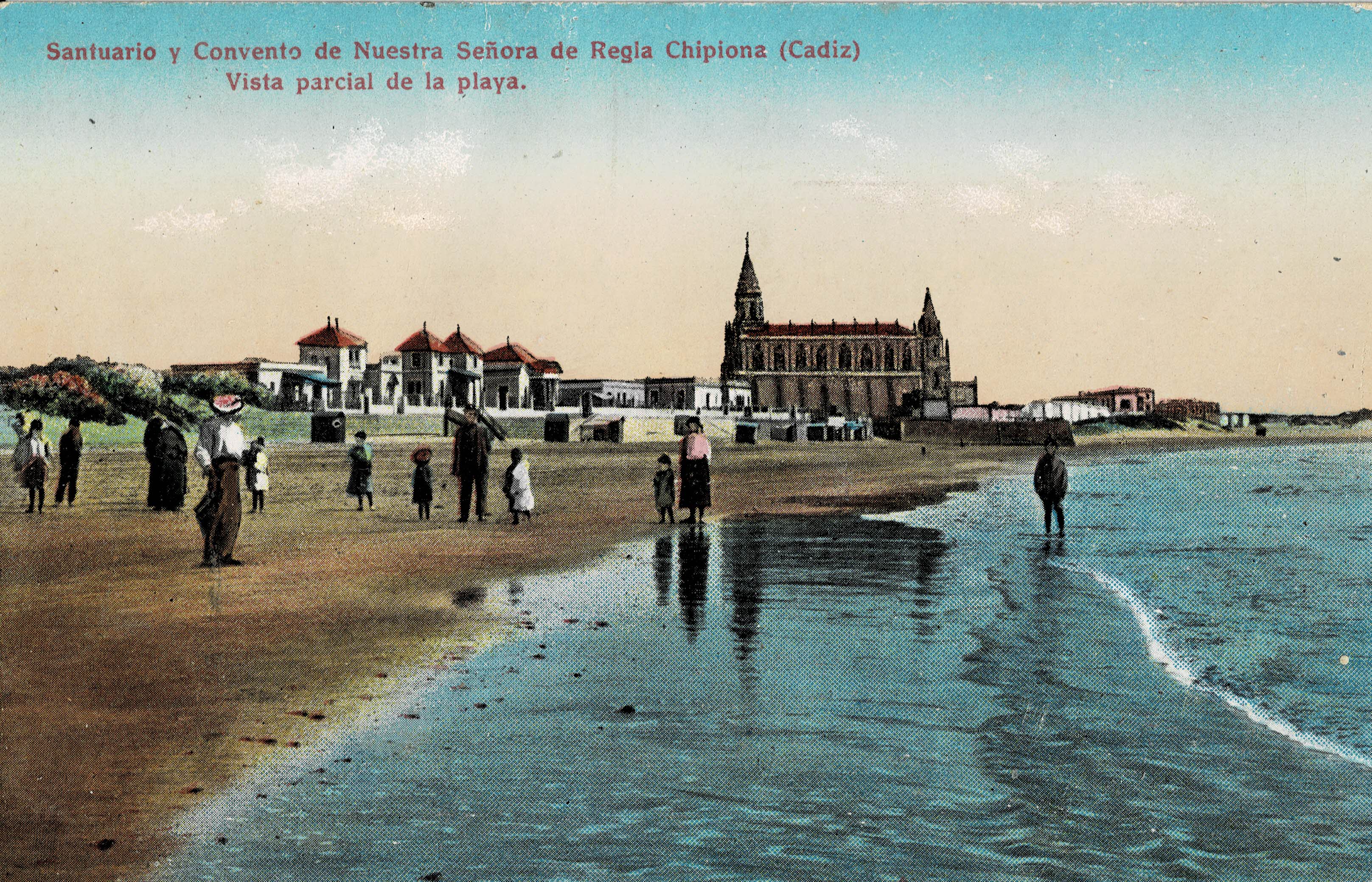 POSTAL ANTIGUA DE CHIPIONA. SANTUARIO Y CONVENTO DE NUESTRA SEÑORA DE REGLA. VISTA PARCIAL DE LA PLAYA