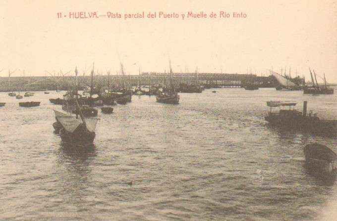 POSTAL ANTIGUA DE HUELVA. Nº 11. VISTA PARCIAL DEL PUERTO Y MUELLE DE RIO TINTO.