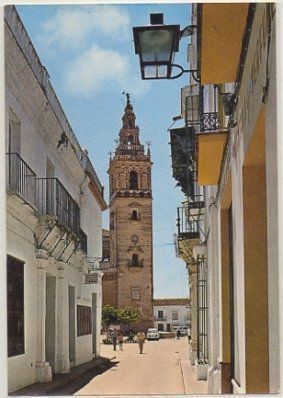 POSTAL DE HUELVA. MOGUER. CALLE ALMIRANTE PINZON Y TORRE IGLESIA PARROQUIAL