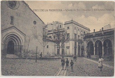 POSTAL ANTIGUA DE JEREZ. IGLESIA SAN DIONISIO Y BIBLIOTECA PUBLICA