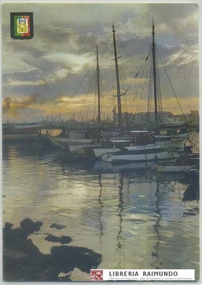 POSTAL DE MALAGA. ATARDECER EN EL PUERTO