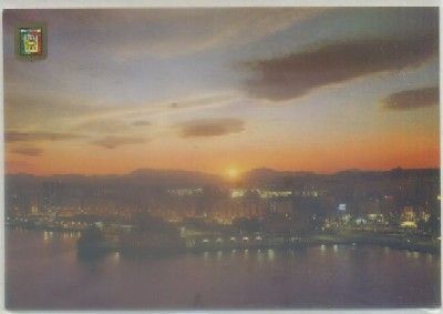 POSTAL DE MALAGA. PUESTA DEL SOL EN EL PUERTO