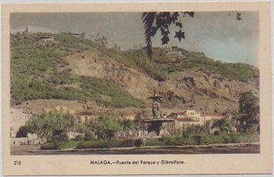 POSTAL DE MALAGA. FUENTE DEL PARQUE Y GIBRALFARO