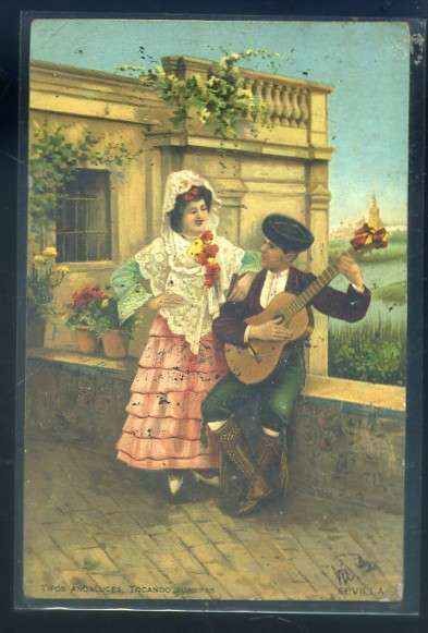 POSTAL ANTIGUA DE SEVILLA. TIPOS ANDALUCES TOCANDO GUAJIRAS