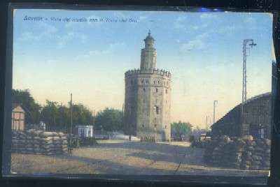 POSTAL ANTIGUA DE SEVILLA. VISTA DEL MUELLE, LA TORRE DEL ORO