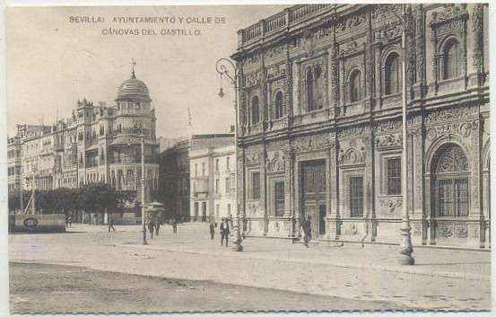 POSTAL ANTIGUA DE SEVILLA. REPRODUCCION. AYUNTAMIENTO Y CALLE CANOVAS DEL CASTILLO