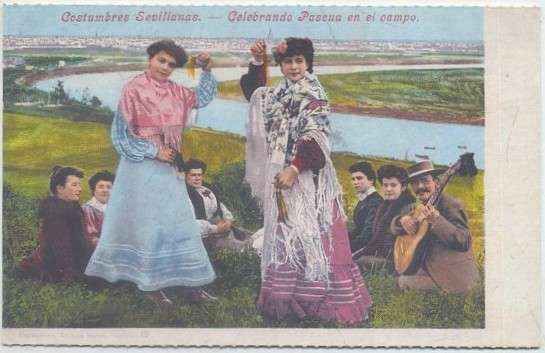POSTAL ANTIGUA DE SEVILLA. REPRODUCCION. COSTUMBRES. CELEBRANDO PASCUA EN EL CAMPO