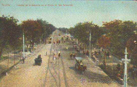 POSTAL ANTIGUA DE SEVILLA. AVENIDA DE LA INSDUSTRIA EN EL PRADO DE SAN SEBASTIAN.