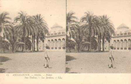 POSTAL ESTEREOSCOPICA ANTIGUA DE SEVILLA. PALAIS SAN THELMO. LES JARDINS.