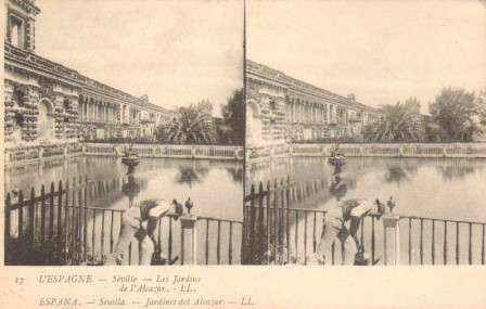POSTAL ESTEREOSCOPICA ANTIGUA DE SEVILLA. LES JARDINS DE L´ALCAZAR