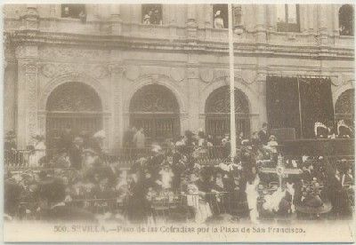 POSTAL DE SEVILLA. REPRODUCCION. PASO DE LAS COFRADIAS POR LA PZA. SAN FRANCISCO