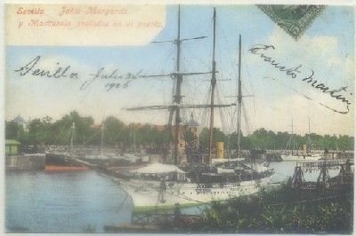 POSTAL DE SEVILLA. REPRODUCCION. JAHTS MARGARITA Y MAROUSSIA ANCLADOS EN PUERTO