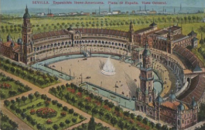 POSTAL SEVILLA EXPOSICIÓN IBEROAMERICANA TORRE DE LA PLAZA DE ESPAÑA. VISTA GENERAL