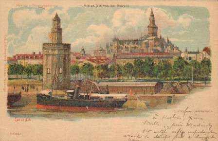 POSTAL ANTIGUA DE SEVILLA. VISTA GENERAL DEL MUELLE.