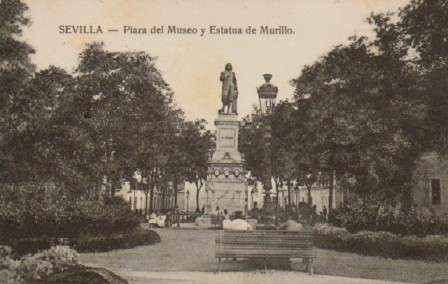 POSTAL ANTIGUA DE SEVILLA. PLAZA DEL MUSEO Y ESTATUA DE MURILLO.