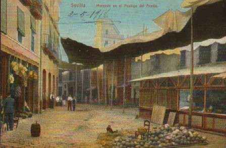 POSTAL ANTIGUA DE SEVILLA. MERCADO EN EL POSTIGO DEL ACEITE.