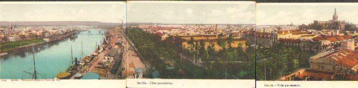 POSTAL ANTIGUA TRIPLE SIN UNIR DE SEVILLA. PANORAMA DESDE LA TORRE DEL ORO.