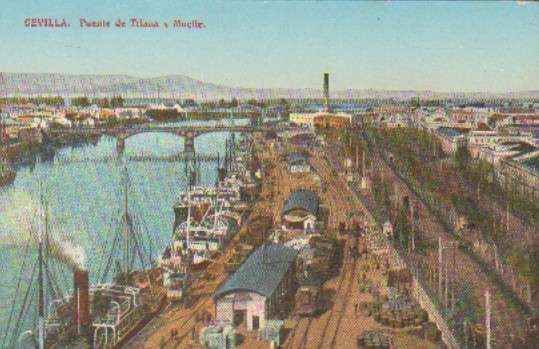 POSTAL ANTIGUA DE SEVILLA. PUENTE DE TRIANA Y EL MUELLE.