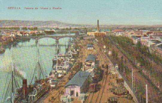 POSTAL ANTIGUA DE SEVILLA. PUENTE DE TRIANA Y MUELLE.