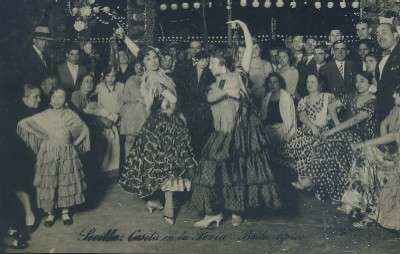 POSTAL ANTIGUA DE SEVILLA CASETA EN LA FERIA BAILE TIPICO