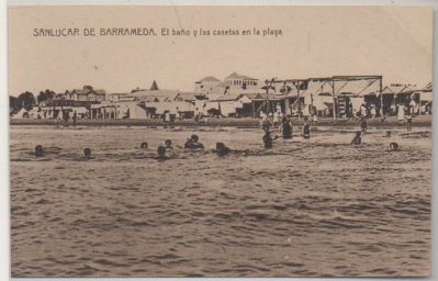 POSTAL DE SANLÚCAR DE BARRAMEDA. CÁDIZ. EL BAÑO Y LAS CASETAS DE LA PLAYA