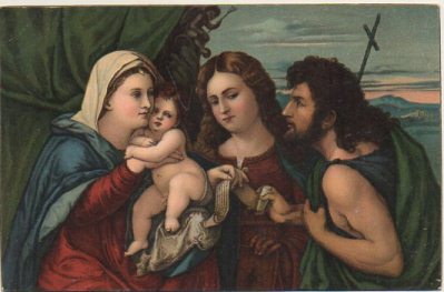 POSTAL DE ARTE. MARIA MIT DEM KINDE UN ZWEI HEILIGEN. PALMA VECCHIO