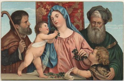 POSTAL DE ARTE. DIE HEILIGE FAMILIE KIRSCHEN-MADONNA. TIZIANO