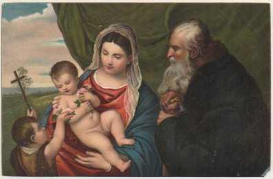 POSTAL DE ARTE. LA VERGINE CON FIGLIO. S. GIOVANNINO E S. ANTONIO. TIZIANO