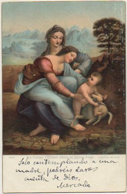 POSTAL DE ARTE. LA VIRGEN, JESUS NIÑO Y SANTA ANA. LEONARDO DA VINCI