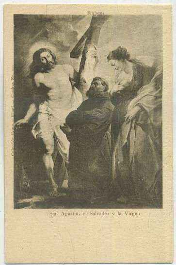 POSTAL DE ARTE. SAN AGUSTIN, EL SALVADOR Y LA VIRGEN