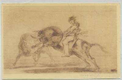 POSTAL DE ARTE. GOYA. CABALLOS MONTADOS SOBRE OTRO TORO, QUIEBRA REJONES