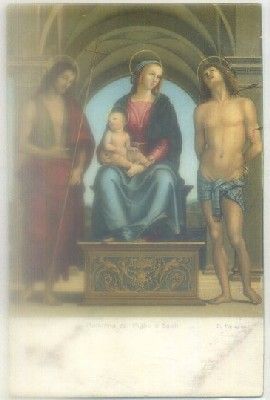 POSTAL DE ARTE. MADONNA CO. PIGLIO E SANTI. P. PERUGINO
